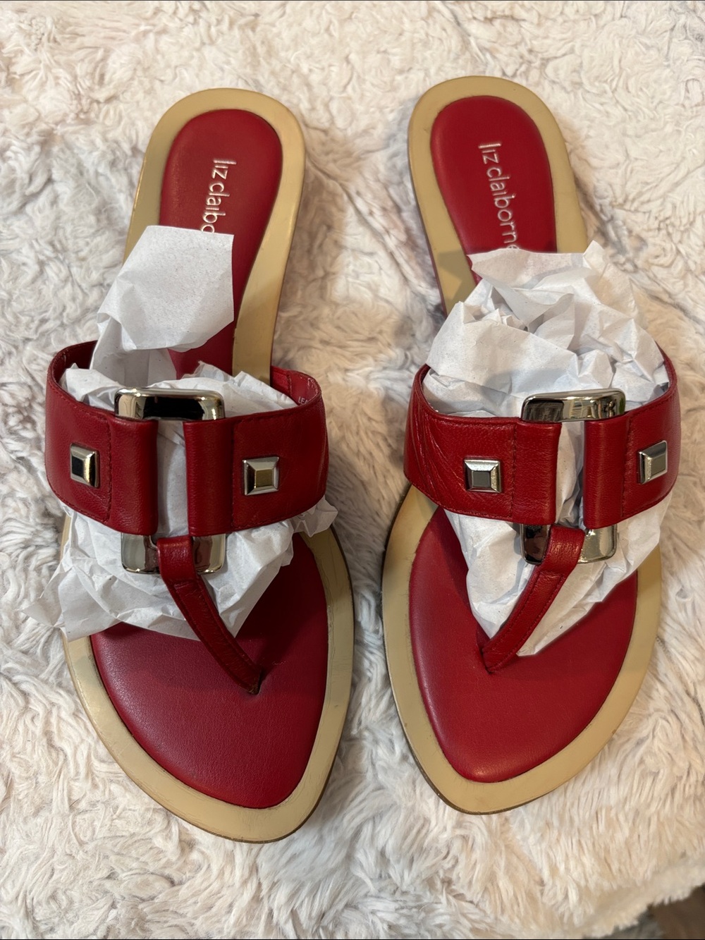 Liz Claiborne Red Leather T-Strap Slide Sandals
